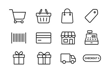 Minimalist shopping icons set: cart, bag, basket, and more for retail design