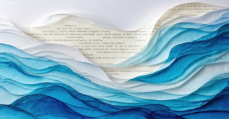 Abstract waves, paper layers, blue tones, text fragments. Fluidity, depth, artistic expression, calming visuals.