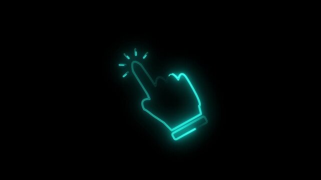 Glowing neon hand pointer icon isolated on transparent black background, click, tap, selection, user interface, and interactive element ,4k video .