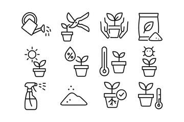 Gardening icon set: simple line art for plant care and growth
