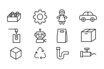 Obraz premium Simple line icons of toys, industry, and recycling - minimalist collection