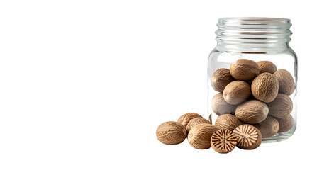 Whole Nutmegs in Glass Jar and Spilled on Wooden Surface