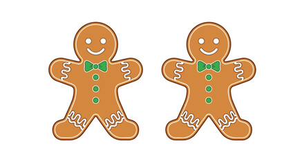 Fototapeta premium Two adorable gingerbread men with green bow ties and smiling faces.