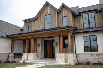 Charming modern farmhouse with rustic wood accents and large windows inviting natural light in a serene neighborhood setting