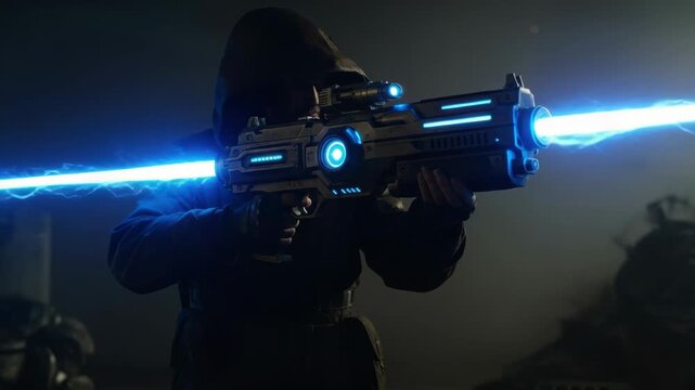 Mysterious hooded figure wielding a powerful blue energy weapon in a dark scifi setting