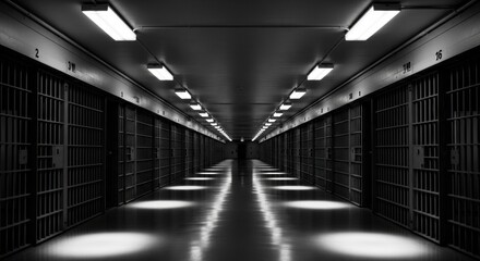 Prison Corridor: Symmetrical Rows of Cells and Reflected Light in Stark Black and White