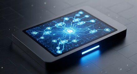Futuristic digital security device displaying a glowing circuit network with a lock icon