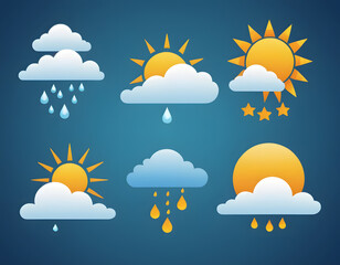 A collection of modern, gradient vector weather icons representing various conditions like rain, sun, and clouds on a dark blue background.