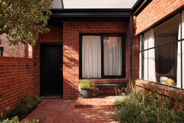 The inviting courtyard of a charming brick home is beautifully adorned with vibrant greenery, basking in the warm, natural light of a sunny day