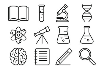 Science Icons Set. Scientific exploration. Line icon set of scientific exploration: open book, test tube, microscope, DNA strand, atom, telescope, beaker,