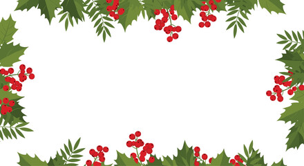 Festive Christmas border with holly leaves and red berries.