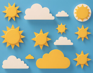 A playful 3D rendering of bright yellow suns and white clouds with a cast shadow effect on a blue sky background.
