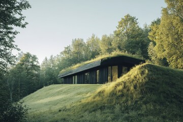Fototapeta premium Modern eco-friendly house blends with nature on a hillside surrounded by lush trees in a serene landscape during early morning light