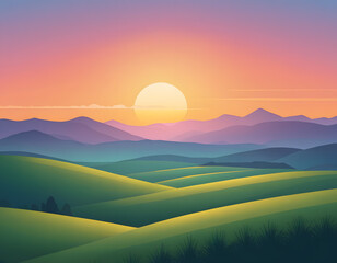 A beautiful layered landscape vector illustration featuring rolling green hills and mountain silhouettes under a vibrant sunrise or sunset sky.