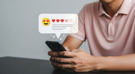 Customer experience concept. User gives a high rating on a mobile application with a virtual interface showing a love emoji and a positive feedback survey