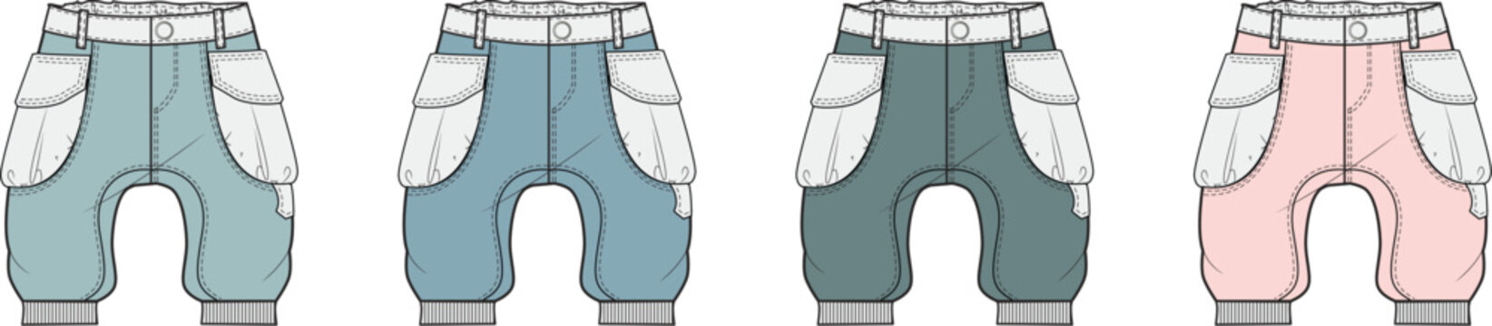 Set of kids' cargo jogger pants in four different colorways. Fashion flat technical sketch template for children's apparel design
