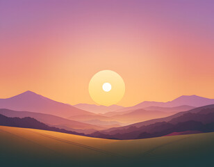 A minimalist vector landscape illustration featuring layered mountain silhouettes and rolling hills under a vibrant sunset or sunrise sky.