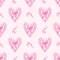 Pink Candy Cane Heart Seamless Pattern - Sweet Holiday Background for Christmas or Valentine's Day