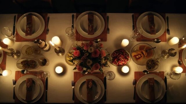 Elegant candlelit dinner table setting with flowers and fine dinnerware