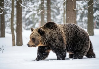 Obraz premium Brown bear walking through snowy forest grizzly bear