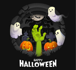 Paper cut Halloween graveyard cemetery tombstones, glowing pumpkins, flying ghosts, iron fence and green zombie hand reaching upward. Halloween holiday vector greeting with zombie hand on cemetery