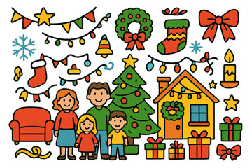 Fototapeta premium Festive Holiday Decor. festive home. Colorful Hand-drawn doodle Children illustration festive home family, Christmas tree, ornaments, lights, garland, wreath,