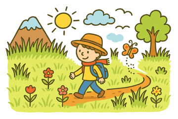 Vibrant Grassy Plains. grassy plains. Colorful Hand-drawn doodle Children illustration grassy plains person, tall grass, wind, mountain, clouds, sun, birds,
