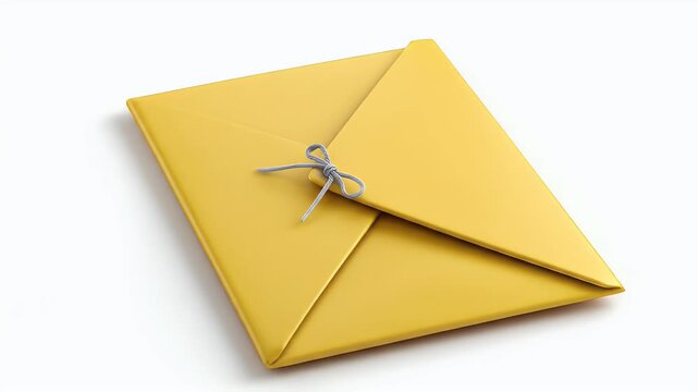 Yellow Envelope Tied with String on White Background.