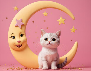 An adorable fluffy kitten sitting in front of a cartoon crescent moon with a face, set against a pink background with scattered stars.