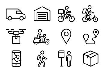 Delivery Icon Set. Delivery network. Line icon set of delivery network: delivery van, warehouse, package, bicycle courier, drone, scooter, map marker, route