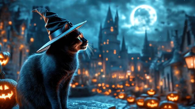 Enigmatic black cat in a pointed witch hat perched on a weathered stone wall in a haunted village of glowing jack o' lanterns, gazing up at a luminous full moon on Halloween night