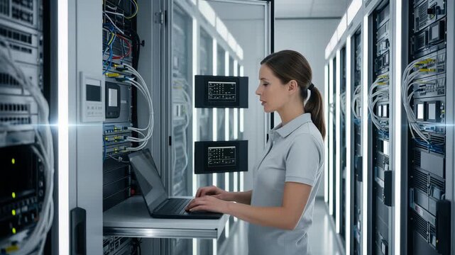 A dedicated female technician engaged in her work at a data center