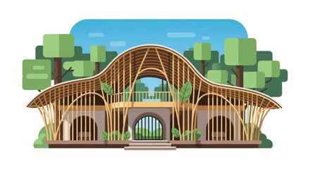 A clean flat design illustration showcasing an innovative, sustainably built bamboo structure at Wonderfruit Festival, surrounded by nature. 