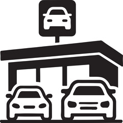 Car dealership building with parked cars and signage icon, minimal silhouette vector design.