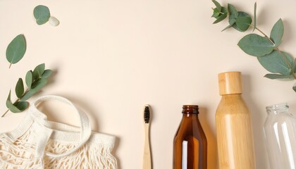 Eco-Friendly Flat Lay with Bamboo Toothbrush and Reusable Bag