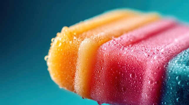 A refreshing colorful popsicle with water droplets on a vibrant teal background.