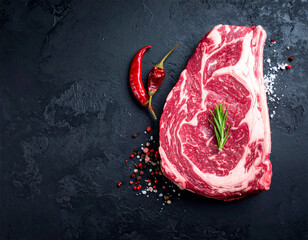 Raw dry-aged Wagyu steak with high marbling, garnished with rosemary and a red chili pepper on a dark slate background with pepper and salt.