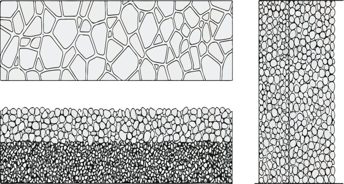 CAD Texture Drawings, stone wall  top and side view patterns, Stone, Gravel, and Pebble Section Pattern Outline Vector for Architectural Material Design