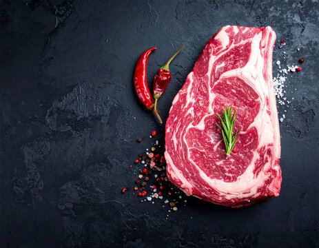 Raw dry-aged Wagyu steak with high marbling, garnished with rosemary and a red chili pepper on a dark slate background with pepper and salt.