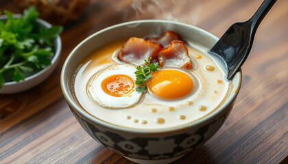 creamy ramen bowl with egg and pork slices