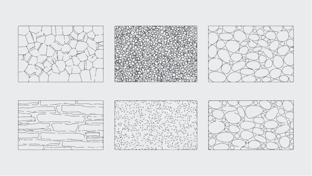 CAD Texture Drawings, stone wall  top and side view patterns, Stone, Gravel, and Pebble Section Pattern Outline Vector for Architectural Material Design