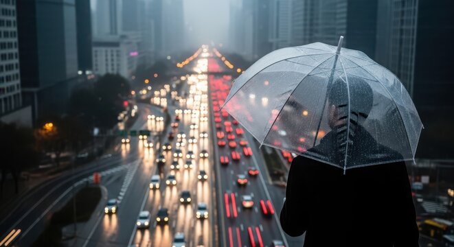 A person with an umbrella stands on a bridge overlooking a busy highway at night during a heavy rainstorm, city lights blurred - Powered by Adobe