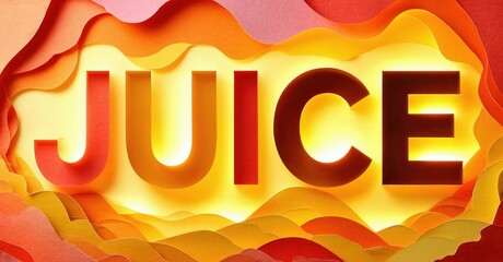 Bright word juice presented using layered paper cutouts. Warm colors dominate composition, creating vibrant visual impact.