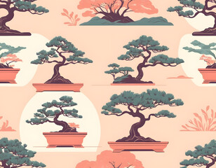 A seamless pattern of stylized Bonsai trees in terracotta pots, featuring a serene color palette of teal, terracotta, and soft pink.