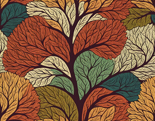 A highly detailed, seamless pattern of interlocked tree branches and leaves in a rich, textured autumnal color palette.