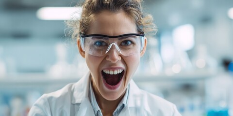 woman scientist amazed, female scientist surprised, enthusiastic female scientist, triumphant lab scientist, ecstatic woman scientist