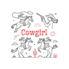 Fototapeta premium Four cowgirls on horses with lasso gun and desert elements riding