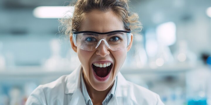 woman scientist amazed, female scientist surprised, enthusiastic female scientist, triumphant lab scientist, ecstatic woman scientist