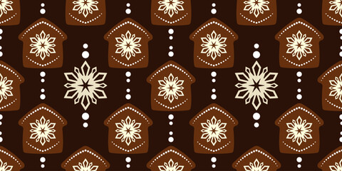 Brown gingerbread house with snowflake decor. Cozy winter holiday seamless pattern. Brown houses with beige snowflakes on dark brown chocolate background. Warm christmas holiday decor