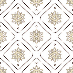 Beige snowflakes in diamond patterns on light background. Snowflake decoration. Wintery calm and festive seamless pattern. Warm Christmas decor in calm colors